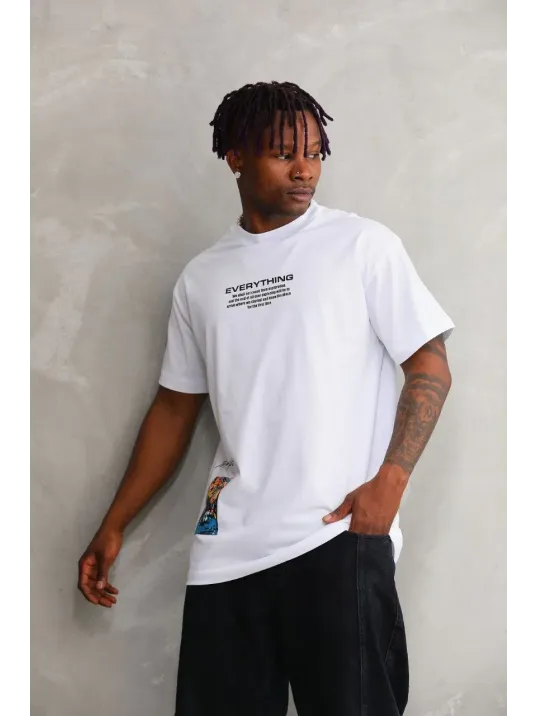 Unisex Bisiklet Yaka Baskılı Oversize T-Shirt - Beyaz Unisex Bisiklet Yaka Baskılı Oversize T-Shirt - Beyaz