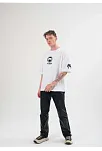 Unisex Bisiklet Yaka Baskılı Oversize T-shirt - Beyaz