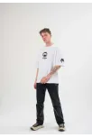 Unisex Bisiklet Yaka Baskılı Oversize T-shirt - Beyaz