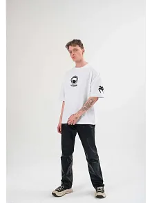 Unisex Bisiklet Yaka Baskılı Oversize T-shirt - Beyaz