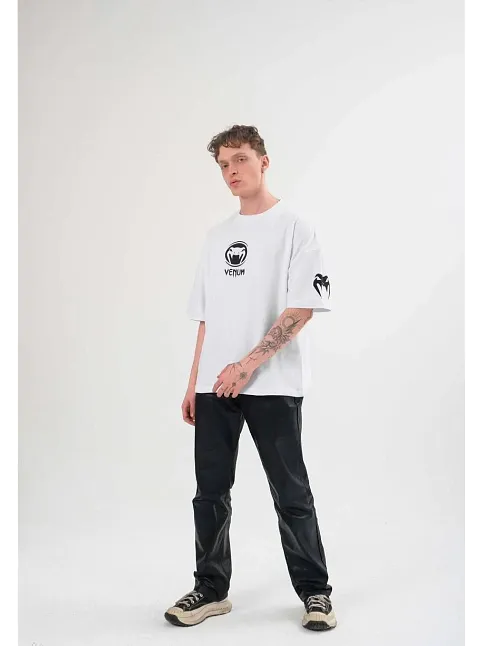 Unisex Bisiklet Yaka Baskılı Oversize T-shirt - Beyaz