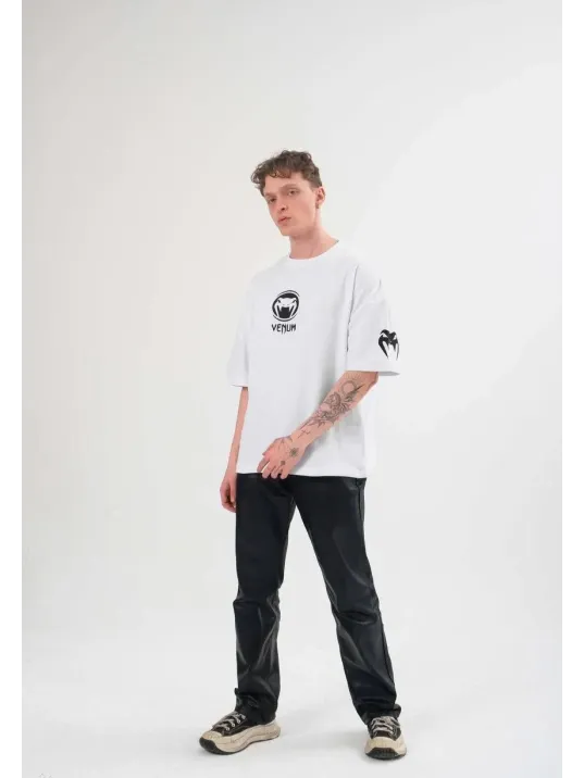 Unisex Bisiklet Yaka Baskılı Oversize T-Shirt - Beyaz Unisex Bisiklet Yaka Baskılı Oversize T-Shirt - Beyaz