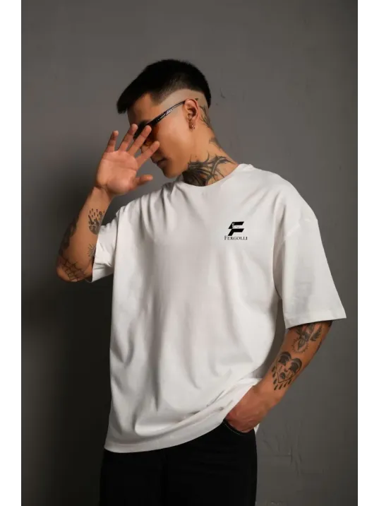 Unisex Bisiklet Yaka Baskılı Oversize T-Shirt - Beyaz Unisex Bisiklet Yaka Baskılı Oversize T-Shirt - Beyaz