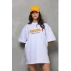 Unisex Bisiklet Yaka Baskılı Oversize T-Shirt - Beyaz