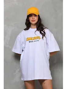 Unisex Bisiklet Yaka Baskılı Oversize T-shirt - Beyaz