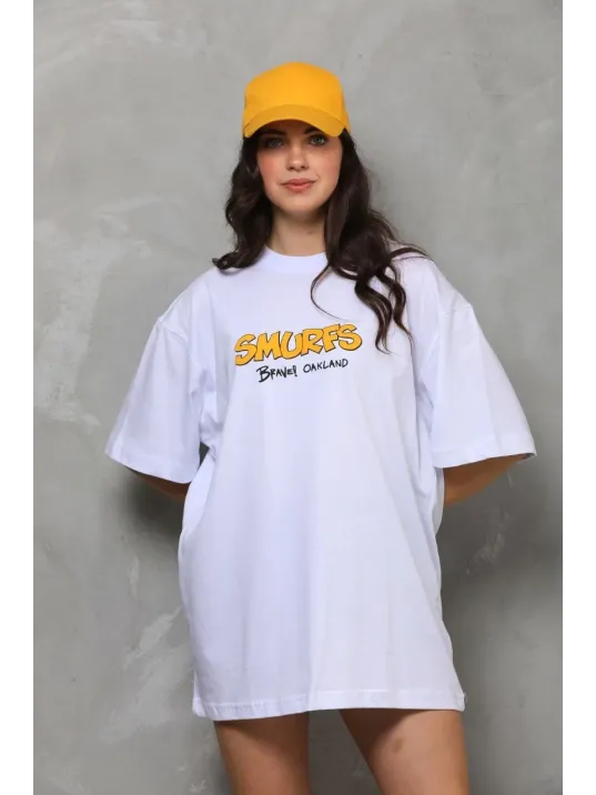 Unisex Bisiklet Yaka Baskılı Oversize T-Shirt - Beyaz Unisex Bisiklet Yaka Baskılı Oversize T-Shirt - Beyaz