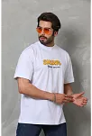 Unisex Bisiklet Yaka Baskılı Oversize T-shirt - Beyaz