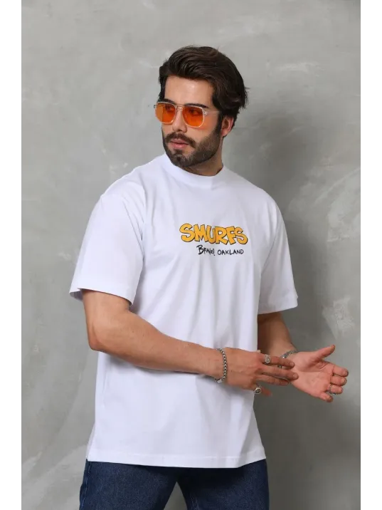 Unisex Bisiklet Yaka Baskılı Oversize T-Shirt - Beyaz Unisex Bisiklet Yaka Baskılı Oversize T-Shirt - Beyaz