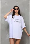 Unisex Bisiklet Yaka Baskılı Oversize T-shirt - Beyaz