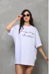 Unisex Bisiklet Yaka Baskılı Oversize T-shirt - Beyaz