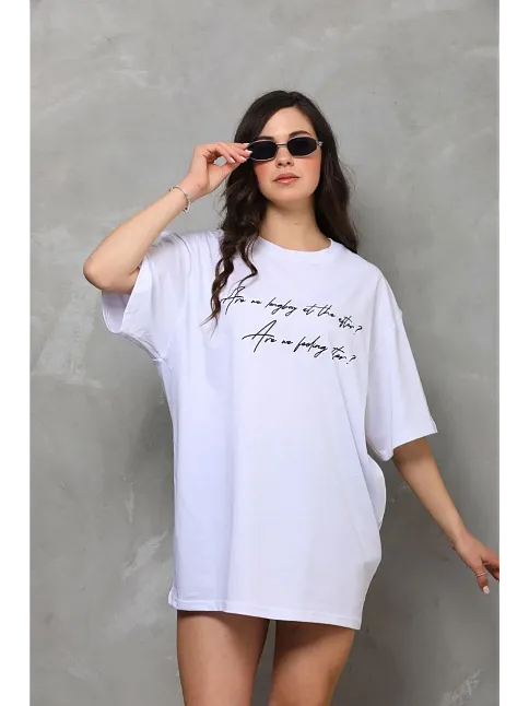 Unisex Bisiklet Yaka Baskılı Oversize T-shirt - Beyaz