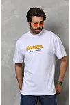 Unisex Bisiklet Yaka Baskılı Oversize T-shirt - Beyaz