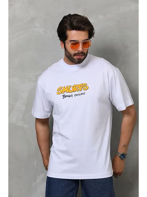 Unisex Bisiklet Yaka Baskılı Oversize T-shirt - Beyaz