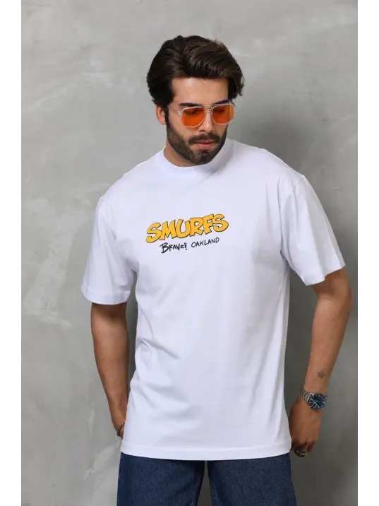 Unisex Bisiklet Yaka Baskılı Oversize T-Shirt - Beyaz Unisex Bisiklet Yaka Baskılı Oversize T-Shirt - Beyaz