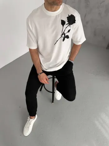 Unisex Bisiklet Yaka Baskılı Oversize T-Shirt - Beyaz Unisex Bisiklet Yaka Baskılı Oversize T-Shirt - Beyaz