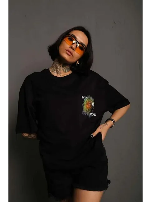 Unisex Bisiklet Yaka Baskılı Oversize T-shirt - Siyah