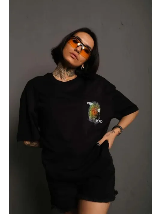 Unisex Bisiklet Yaka Baskılı Oversize T-Shirt - Siyah Unisex Bisiklet Yaka Baskılı Oversize T-Shirt - Siyah