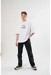 Unisex Bisiklet Yaka Baskılı Oversize T-shirt - Beyaz