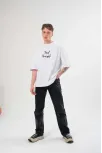Unisex Bisiklet Yaka Baskılı Oversize T-shirt - Beyaz