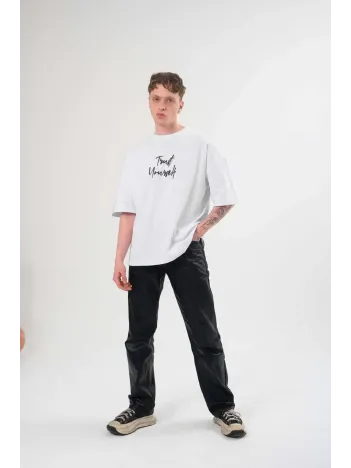 Unisex Bisiklet Yaka Baskılı Oversize T-Shirt - Beyaz Unisex Bisiklet Yaka Baskılı Oversize T-Shirt - Beyaz