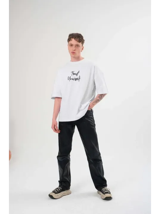 Unisex Bisiklet Yaka Baskılı Oversize T-Shirt - Beyaz Unisex Bisiklet Yaka Baskılı Oversize T-Shirt - Beyaz