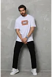 Unisex Bisiklet Yaka Baskılı Oversize T-shirt - Beyaz