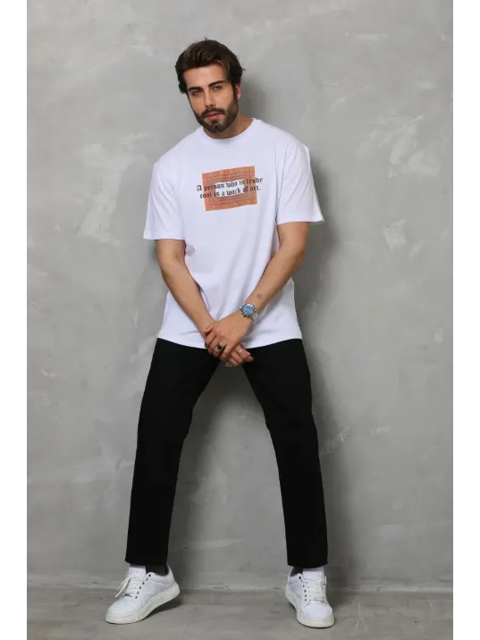 Unisex Bisiklet Yaka Baskılı Oversize T-Shirt - Beyaz Unisex Bisiklet Yaka Baskılı Oversize T-Shirt - Beyaz