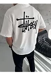 Unisex Bisiklet Yaka Baskılı Oversize T-shirt - Beyaz