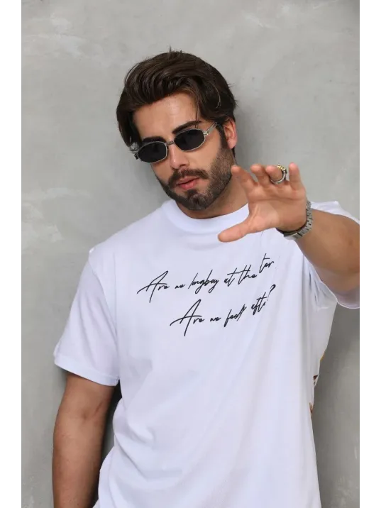 Unisex Bisiklet Yaka Baskılı Oversize T-shirt - Beyaz