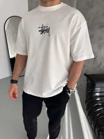 Unisex Bisiklet Yaka Baskılı Oversize T-Shirt - Beyaz Unisex Bisiklet Yaka Baskılı Oversize T-Shirt - Beyaz