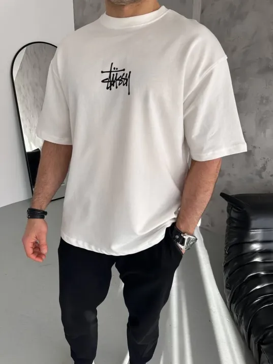 Unisex Bisiklet Yaka Baskılı Oversize T-Shirt - Beyaz Unisex Bisiklet Yaka Baskılı Oversize T-Shirt - Beyaz