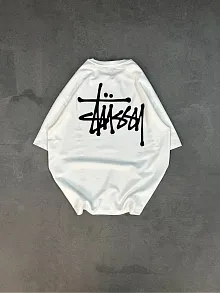 Unisex Bisiklet Yaka Baskılı Oversize T-shirt - Beyaz
