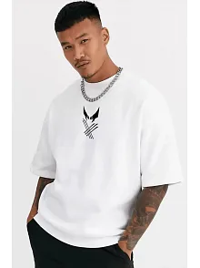 Unisex Bisiklet Yaka Baskılı Oversize T-shirt - Beyaz