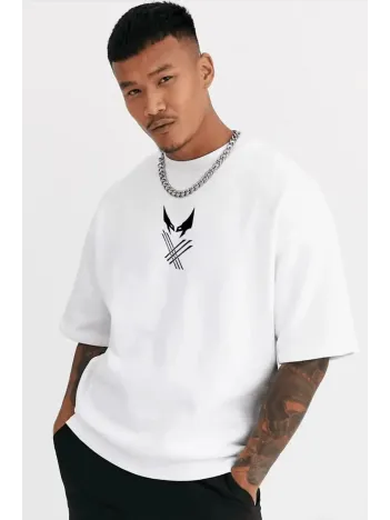 Unisex Bisiklet Yaka Baskılı Oversize T-Shirt - Beyaz Unisex Bisiklet Yaka Baskılı Oversize T-Shirt - Beyaz