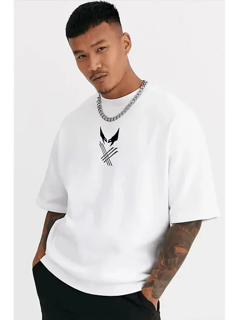 Unisex Bisiklet Yaka Baskılı Oversize T-shirt - Beyaz