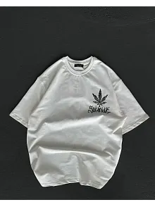 Unisex Bisiklet Yaka Baskılı Oversize T-shirt - Beyaz