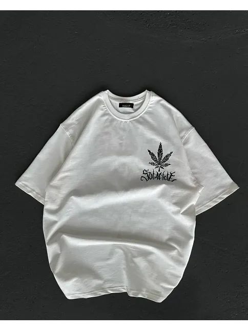 Unisex Bisiklet Yaka Baskılı Oversize T-shirt - Beyaz