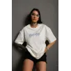 Unisex Bisiklet Yaka Baskılı Oversize T-Shirt - Beyaz