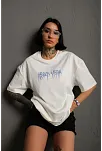 Unisex Bisiklet Yaka Baskılı Oversize T-shirt - Beyaz