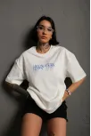 Unisex Bisiklet Yaka Baskılı Oversize T-shirt - Beyaz