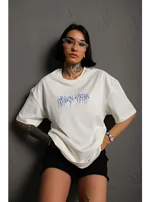 Unisex Bisiklet Yaka Baskılı Oversize T-shirt - Beyaz