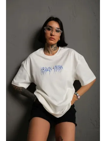 Unisex Bisiklet Yaka Baskılı Oversize T-Shirt - Beyaz Unisex Bisiklet Yaka Baskılı Oversize T-Shirt - Beyaz