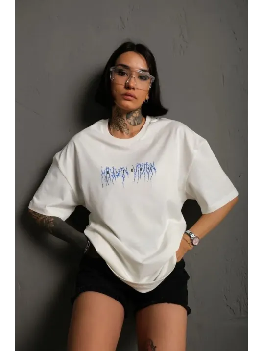 Unisex Bisiklet Yaka Baskılı Oversize T-Shirt - Beyaz Unisex Bisiklet Yaka Baskılı Oversize T-Shirt - Beyaz