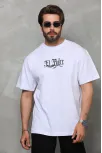 Unisex Bisiklet Yaka Baskılı Oversize T-shirt - Beyaz