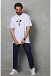Unisex Bisiklet Yaka Baskılı Oversize T-shirt - Beyaz