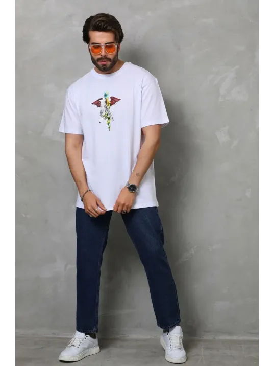 Unisex Bisiklet Yaka Baskılı Oversize T-Shirt - Beyaz Unisex Bisiklet Yaka Baskılı Oversize T-Shirt - Beyaz