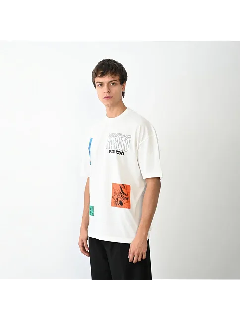 Unisex Bisiklet Yaka Baskılı Oversize T-shirt - Beyaz