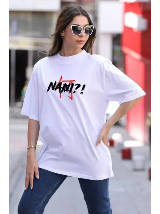 Unisex Bisiklet Yaka Baskılı Oversize T-Shirt - Beyaz Unisex Bisiklet Yaka Baskılı Oversize T-Shirt - Beyaz