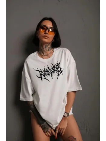 Unisex Bisiklet Yaka Baskılı Oversize T-Shirt - Beyaz Unisex Bisiklet Yaka Baskılı Oversize T-Shirt - Beyaz