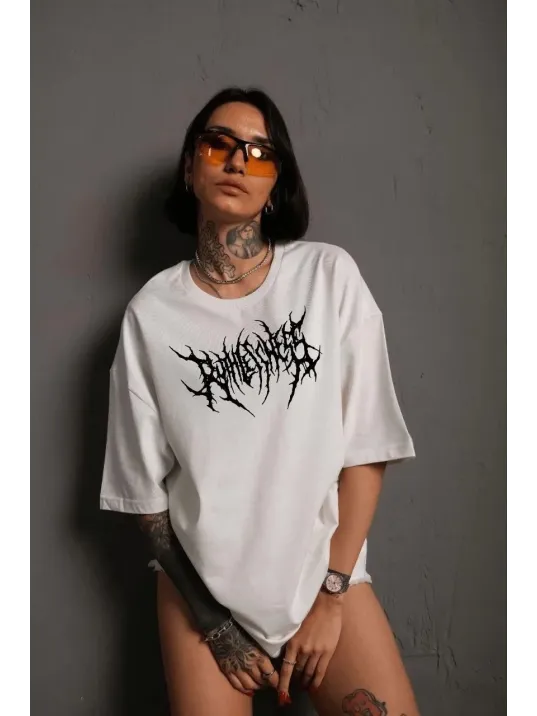 Unisex Bisiklet Yaka Baskılı Oversize T-Shirt - Beyaz